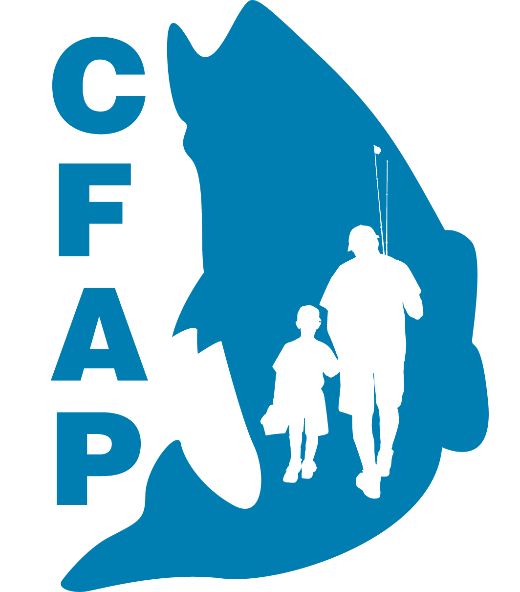 Illustrated logo for the Community Fisheries Assistance Program. Has the letters "CFAP" with the silhouette of a blue fish and and an adult and child holding fishing gear.