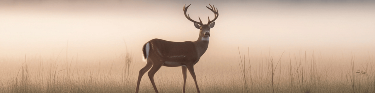 A majestic buck with large antlers stands in a misty field.