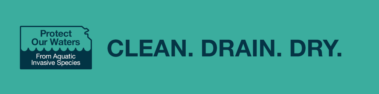 A logo in the shape of the state of Kansas that reads: Protect Our Waters From Aquatic Invasive Species. Clean. Drain. Dry.