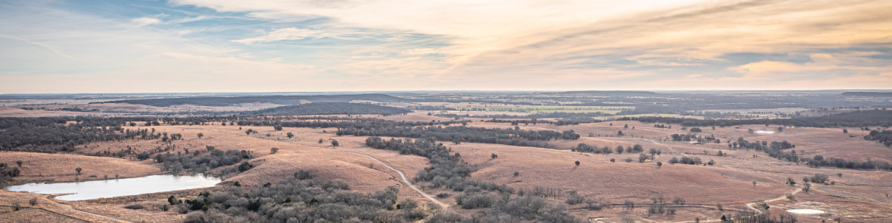 An elevated view shows rolling prairie hills with scattered trees and a small pond. A narrow dirt road winds through the landscape, leading the eye toward distant fields under a soft, partly cloudy sky.