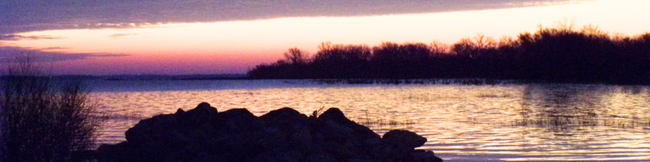 A calm lake reflects the colors of a vivid sunset, with shades of purple, pink, and orange in the sky. Dark silhouettes of trees line the far shore, and rocks sit in the foreground near the water’s edge.