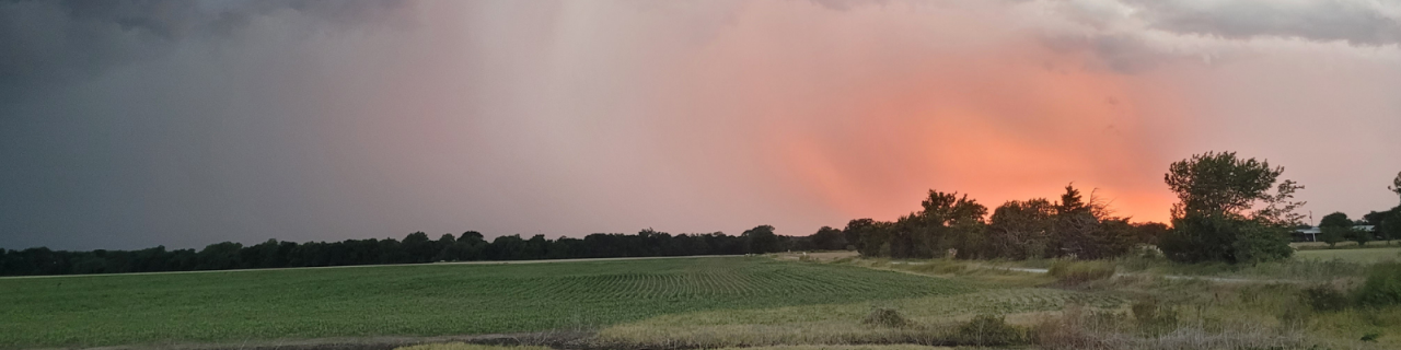 A rural field stretches toward the horizon under a dramatic sky with a warm orange glow near the setting sun. A line of trees borders the field, separating it from the sky.