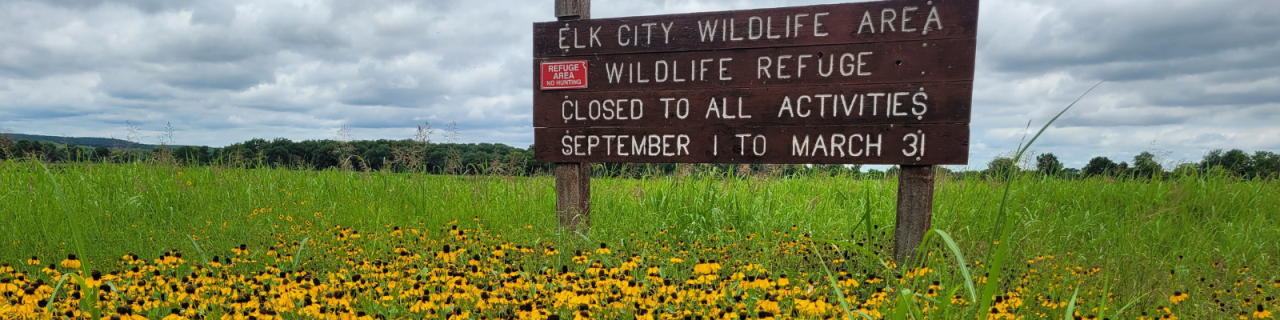A wooden sign reads Elk City Wildlife Area Wildlife Refuge Closed to All Activities September 1 to March 31. The sign stands in a grassy field with wildflowers and a cloudy sky overhead.