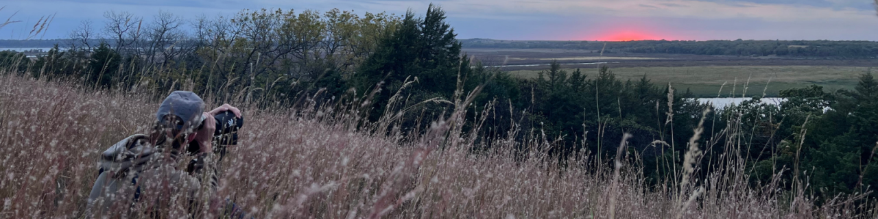 A person kneels in tall grass using binoculars, overlooking a large valley with trees and water at sunset.