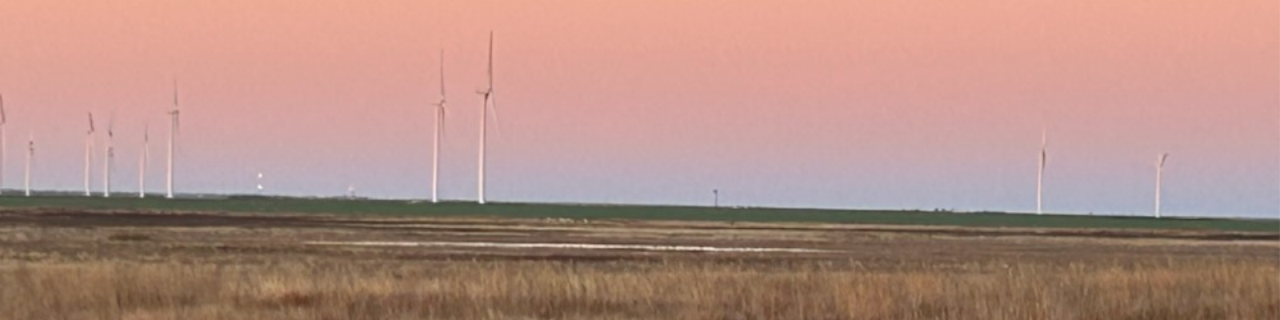 Tall wind turbines rise in the distance across flat prairie land under a soft pink and blue sky.