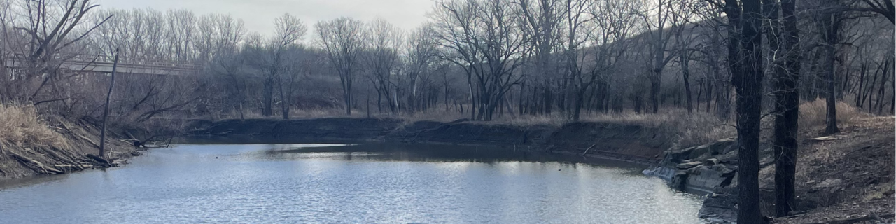 A quiet river curves through a wooded area with leafless trees and a bridge visible in the distance.