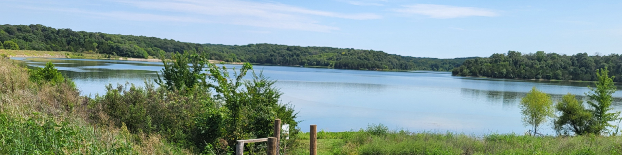 A peaceful lake is viewed from a hillside with trees and dense greenery along the shoreline.