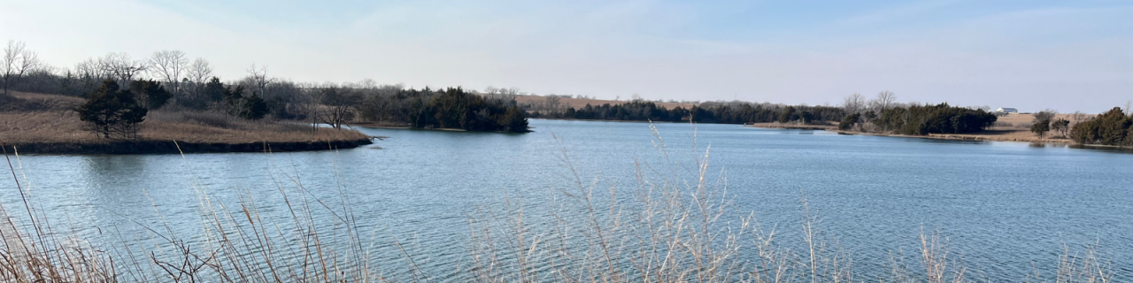 A wide view of a calm lake curves around grassy banks and tree-lined shores under a pale blue sky.