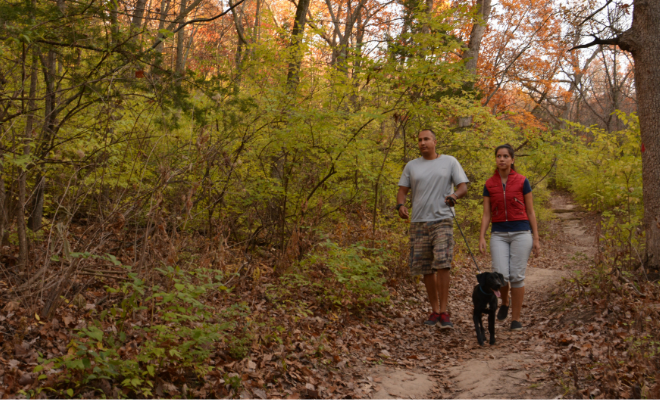 A man and woman with a dog hiking a dirt trail in the woods.