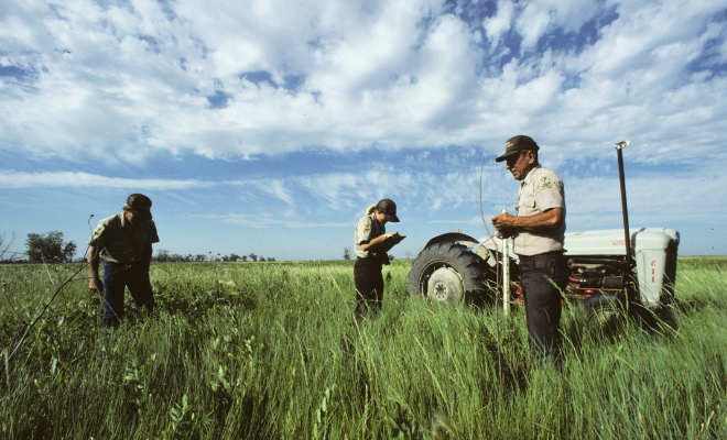 Three individuals in a grassy field with a tractor in the background under a partly cloudy sky.