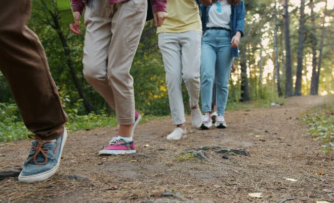 A line of people walking on a dirt path through trees.